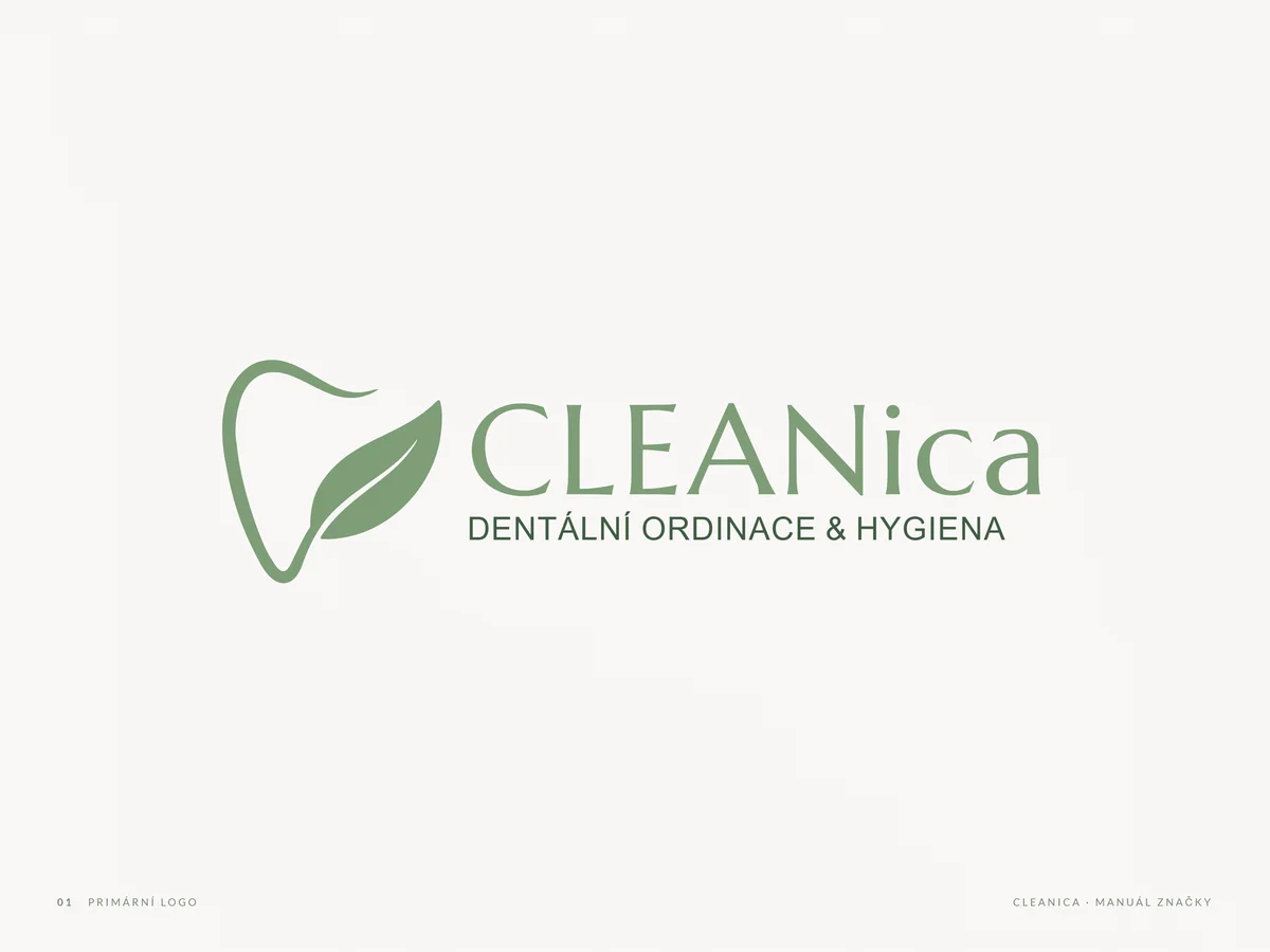 Primární logo CLEANica: zub s lístkem a wordmark