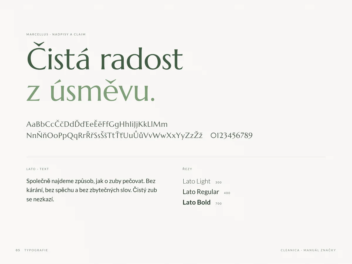 Typografie: Marcellus pro nadpisy a claim, Lato pro text