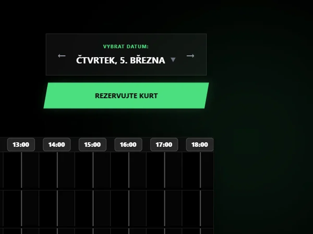 Výběr data a tlačítko Rezervujte kurt